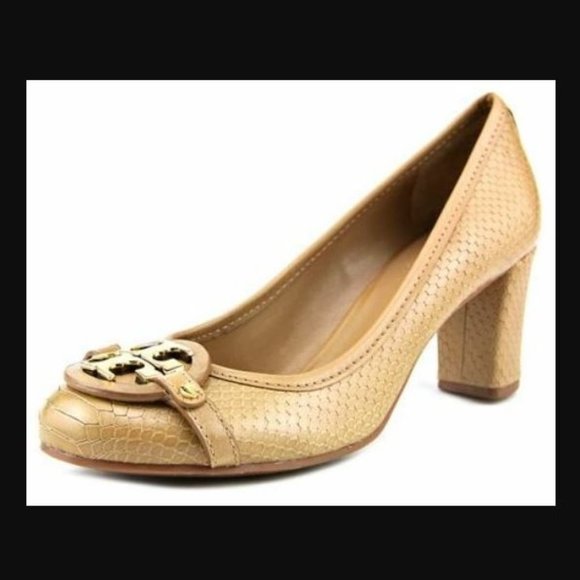 Tory Burch Women's Aaden Mid Heel Snake Print Leather Pump Walnut Size 1…